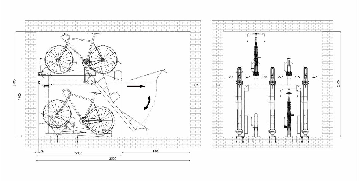 Image of the Bike Dock Solutions CAD drawing of a two tier bike rack